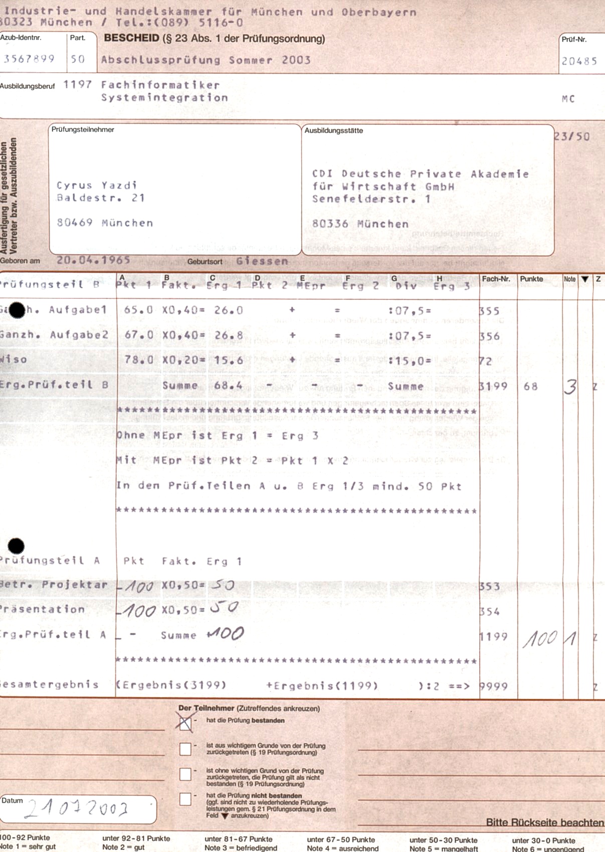 Fachinformatikerzeugnis IHK (vorl�ufige Version)